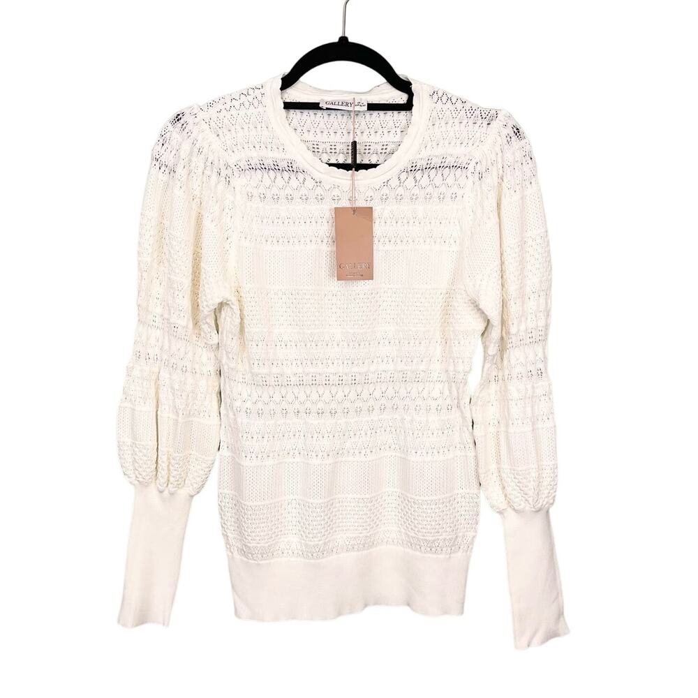 Gallery Sweater Womens M Ivory Balloon Sleeve Cozy Pointelle Knit Jumper NWT